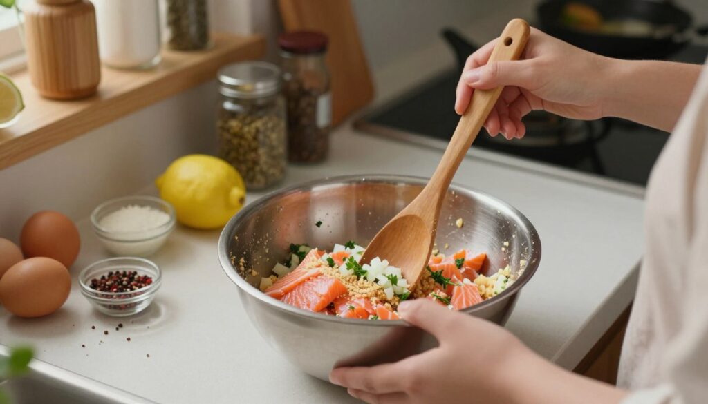 mixing salmon patties ingredients